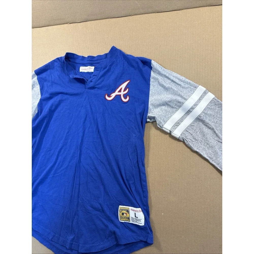 Atlanta Braves Mitchell Ness Cooperstown 3/4 Sleeve Henley Shirt Large - Picture 2 of 8